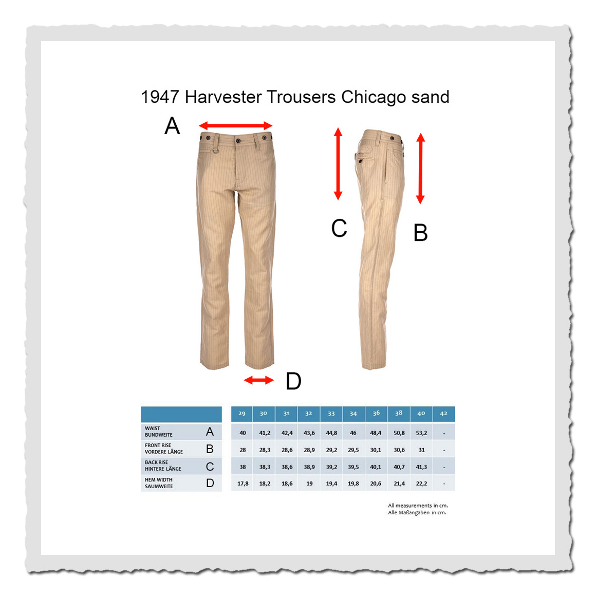 Masstabelle zur Pike Brothers 1947 Harvester Pants – feine Workwear im 40er-Jahre-Stil